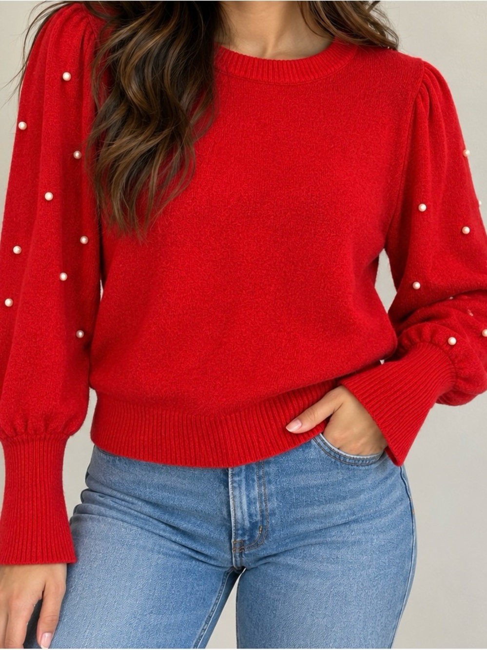 CeCe Red Pearl-Trim Puff Sleeve Sweater